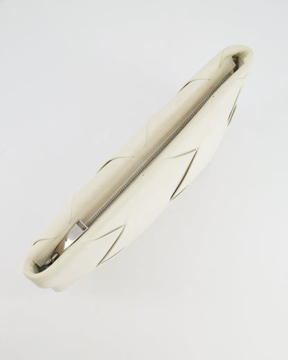 Bottega Veneta White Intrecciato Large Leather Clutch Bag with Silver Hardware