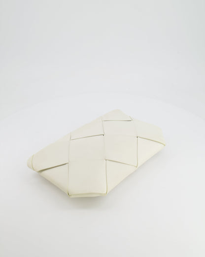 Bottega Veneta White Intrecciato Large Leather Clutch Bag with Silver Hardware
