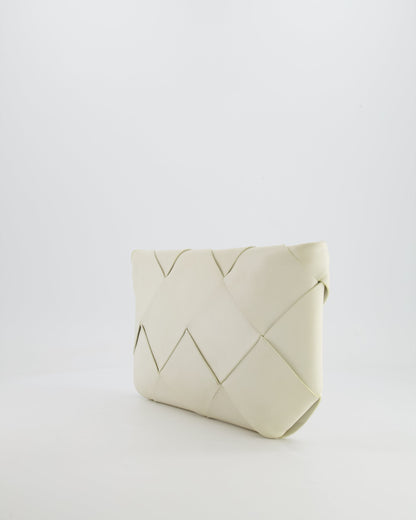 Bottega Veneta White Intrecciato Large Leather Clutch Bag with Silver Hardware