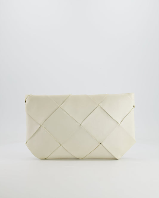 Bottega Veneta White Intrecciato Large Leather Clutch Bag with Silver Hardware