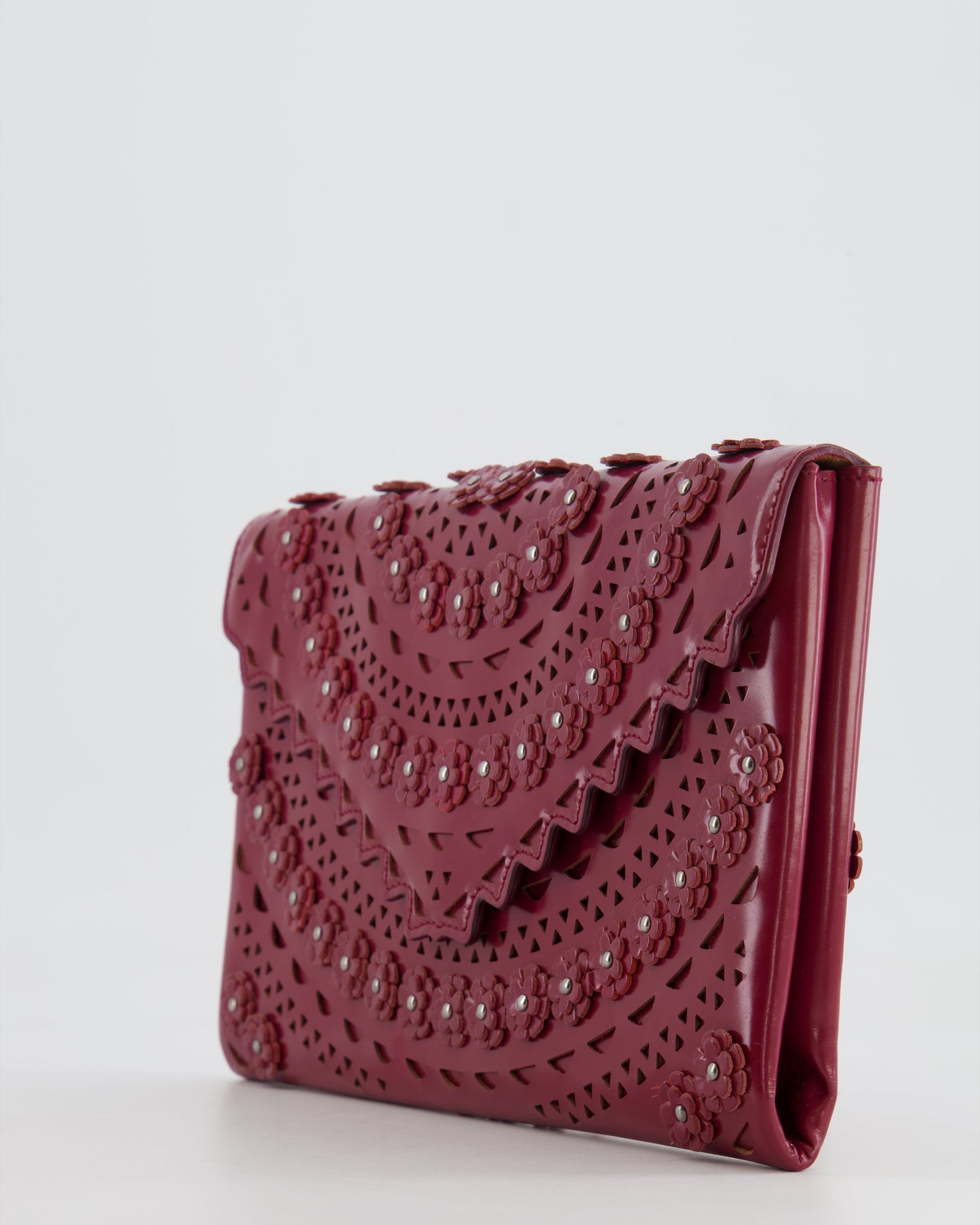 Alaïa Burgundy Patent Leather Floral Oum Clutch Bag with Silver Hardware RRP £2,200