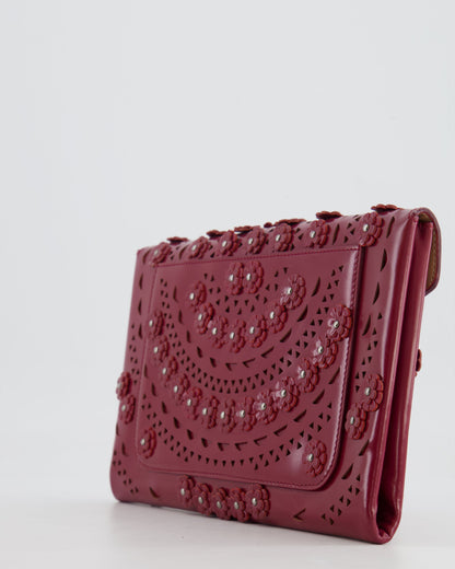 Alaïa Burgundy Patent Leather Floral Oum Clutch Bag with Silver Hardware RRP £2,200