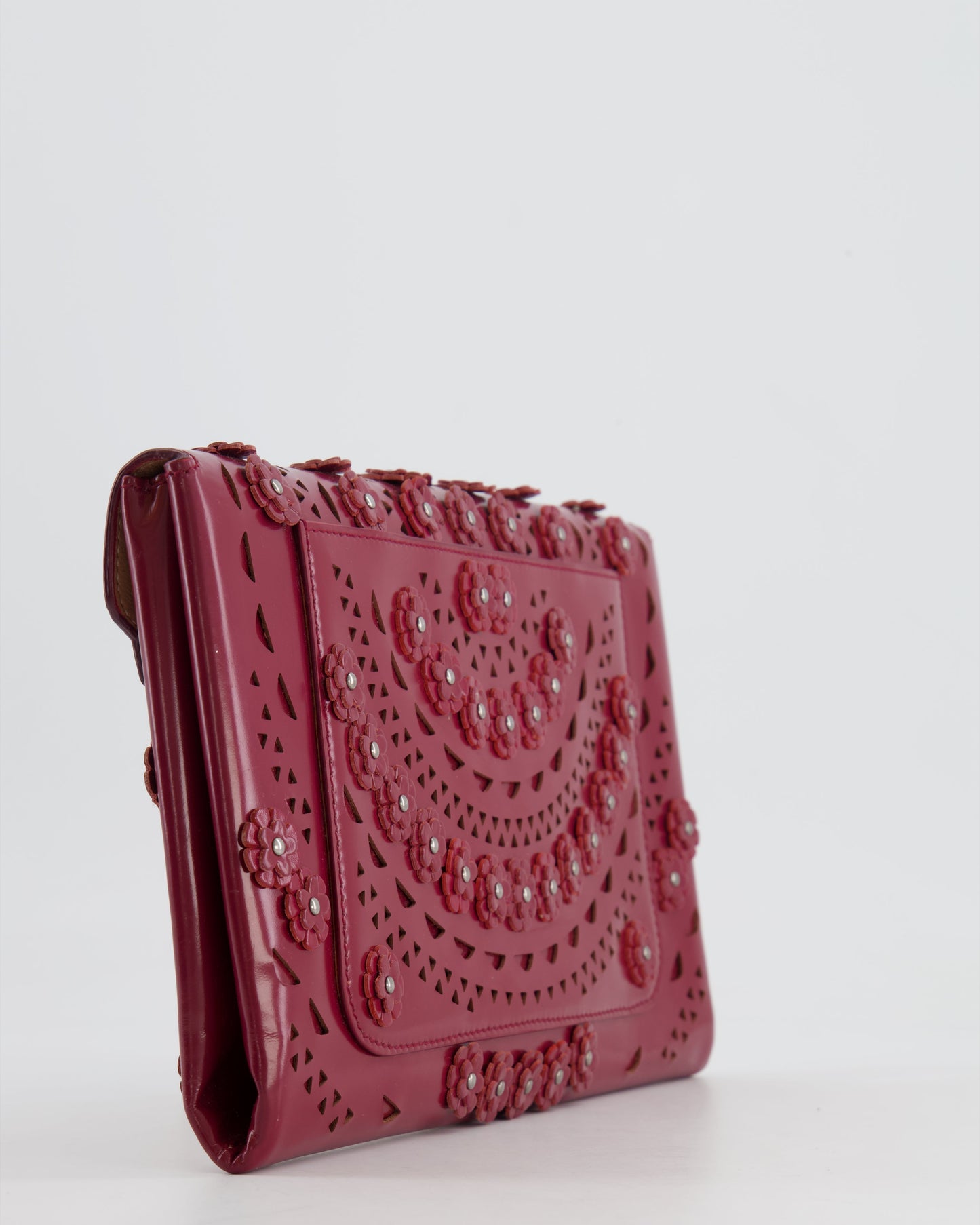 Alaïa Burgundy Patent Leather Floral Oum Clutch Bag with Silver Hardware RRP £2,200