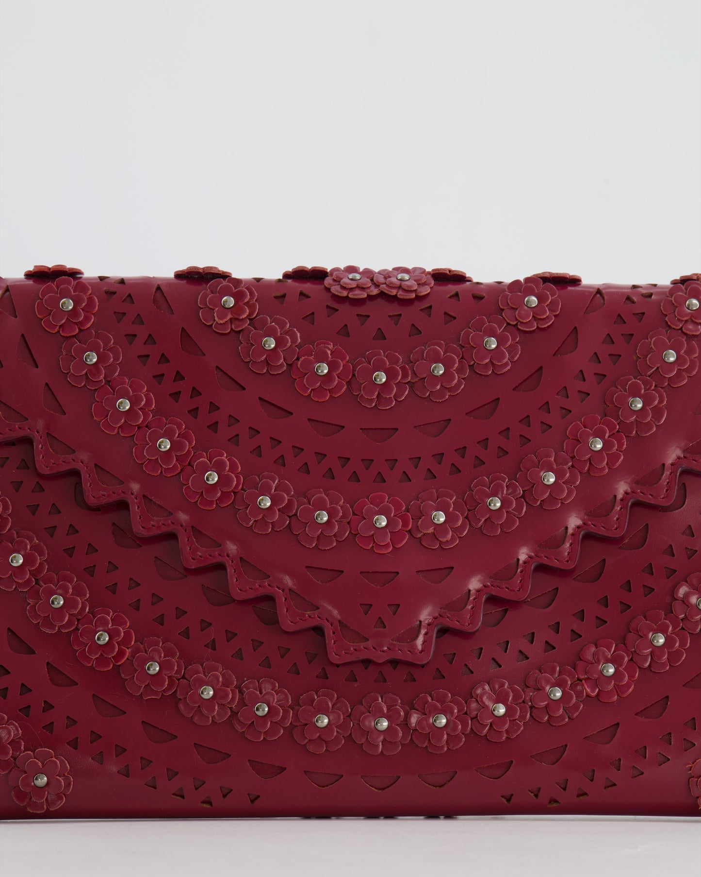 Alaïa Burgundy Patent Leather Floral Oum Clutch Bag with Silver Hardware RRP £2,200