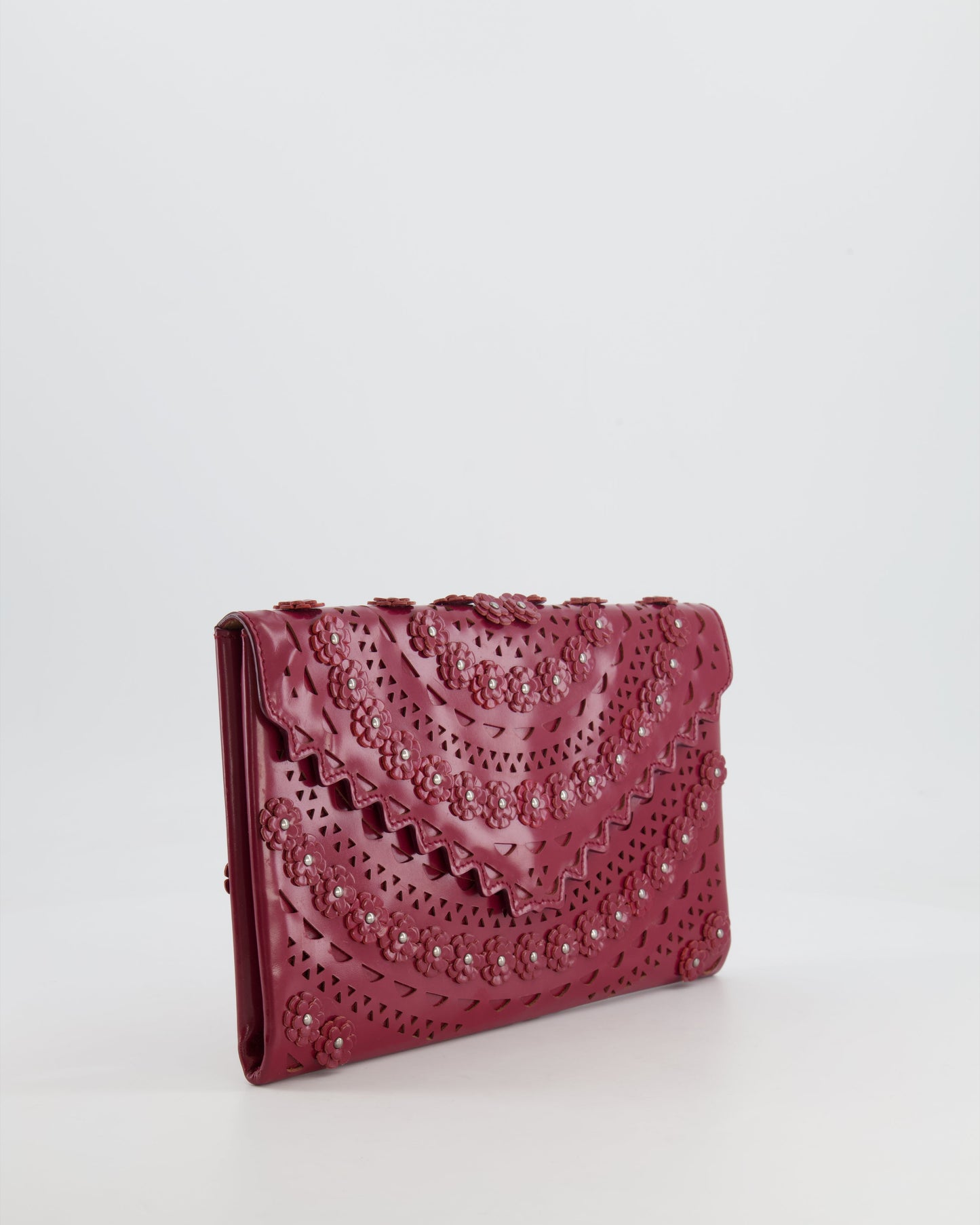 Alaïa Burgundy Patent Leather Floral Oum Clutch Bag with Silver Hardware RRP £2,200