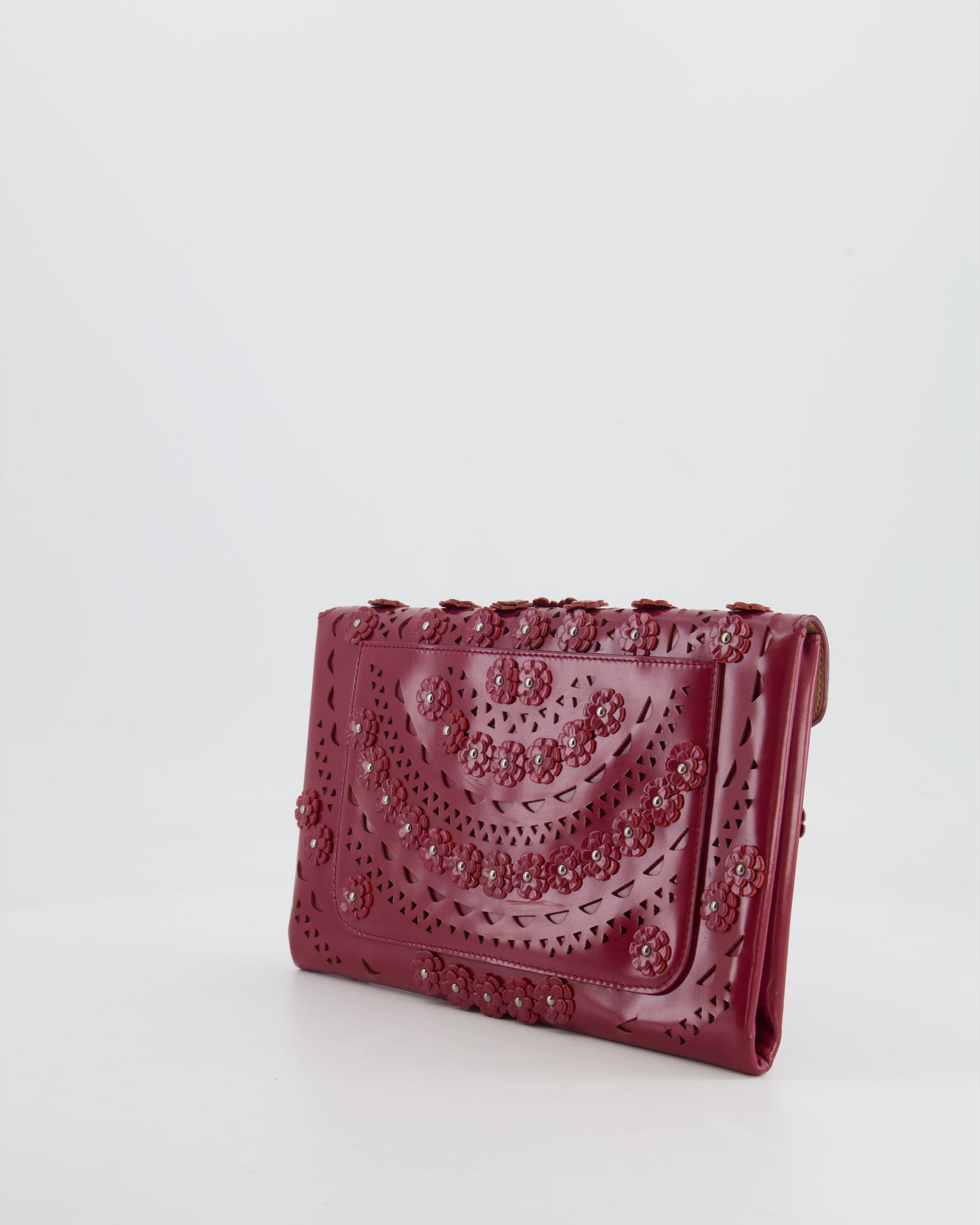 Alaïa Burgundy Patent Leather Floral Oum Clutch Bag with Silver Hardware RRP £2,200