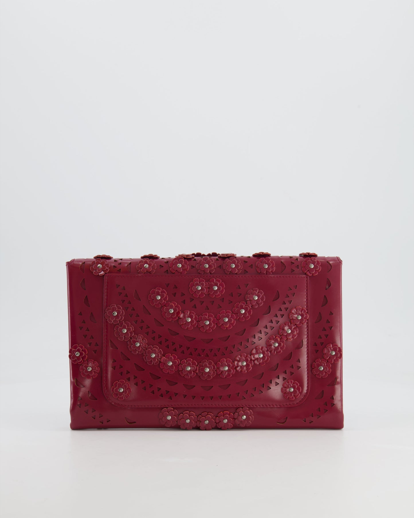 Alaïa Burgundy Patent Leather Floral Oum Clutch Bag with Silver Hardware RRP £2,200