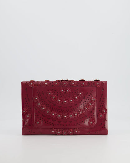 Alaïa Burgundy Patent Leather Floral Oum Clutch Bag with Silver Hardware RRP £2,200