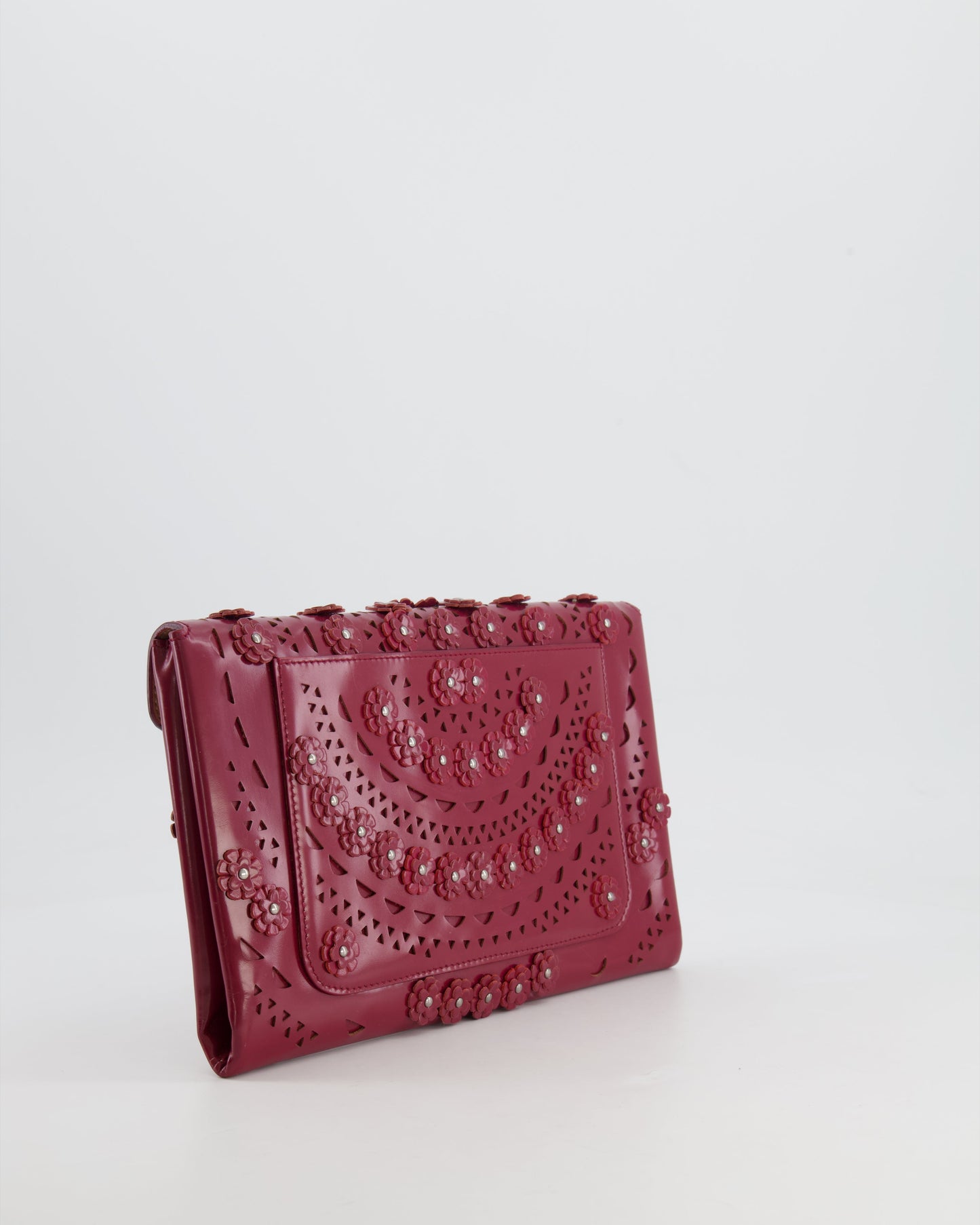 Alaïa Burgundy Patent Leather Floral Oum Clutch Bag with Silver Hardware RRP £2,200