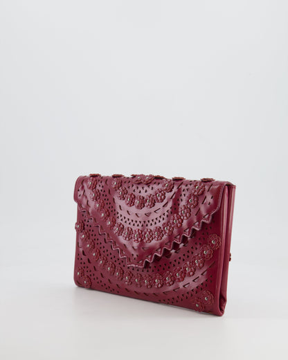 Alaïa Burgundy Patent Leather Floral Oum Clutch Bag with Silver Hardware RRP £2,200