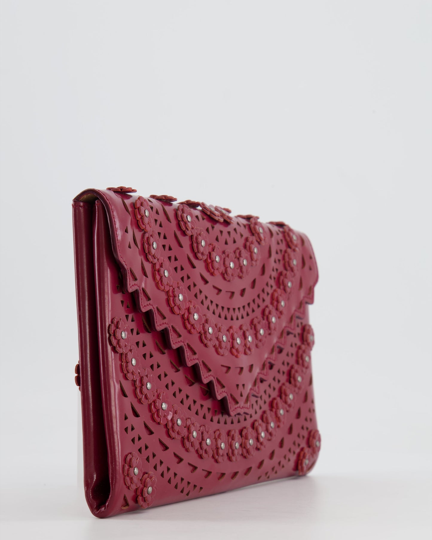 Alaïa Burgundy Patent Leather Floral Oum Clutch Bag with Silver Hardware RRP £2,200