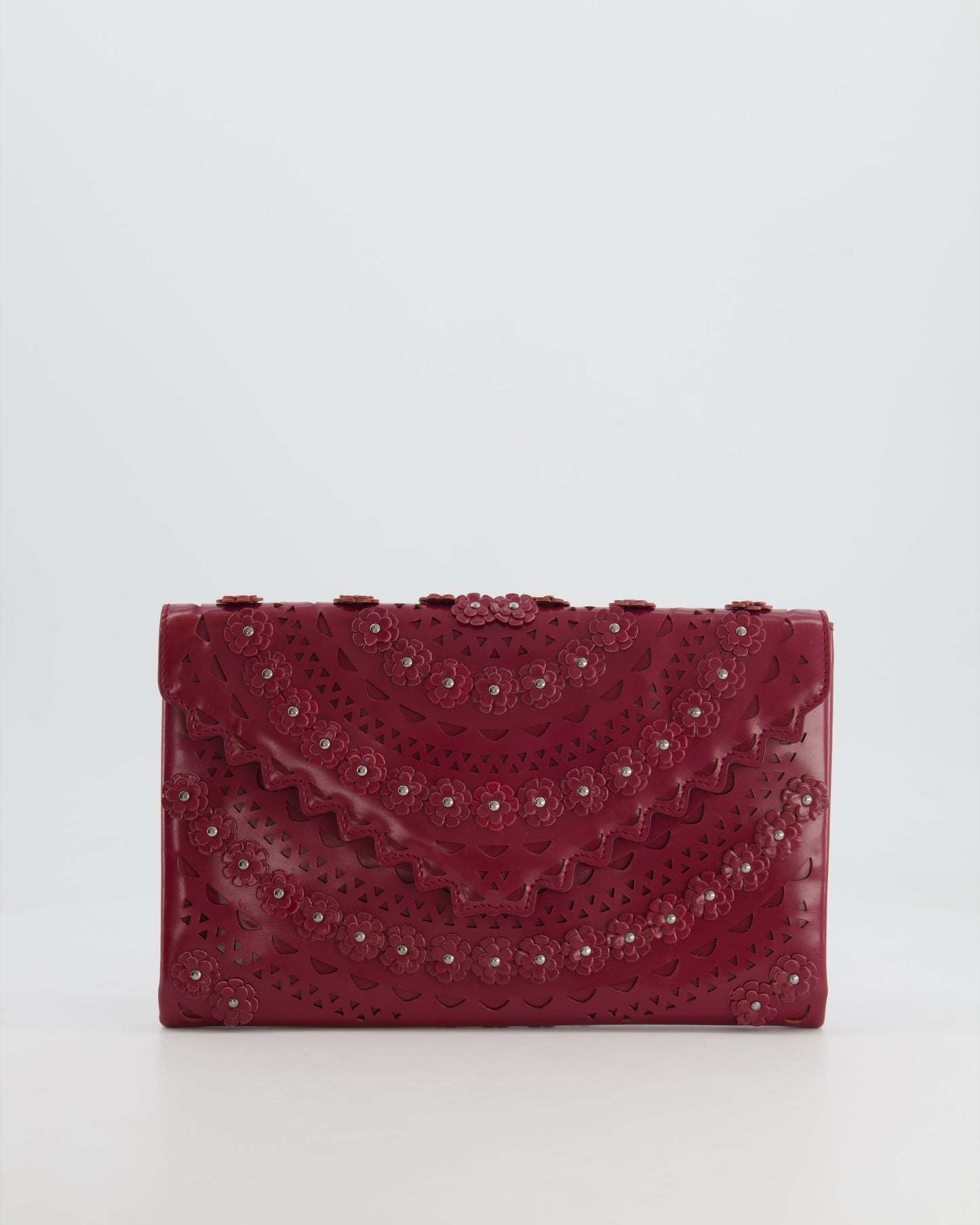 Alaïa Burgundy Patent Leather Floral Oum Clutch Bag with Silver Hardware RRP £2,200