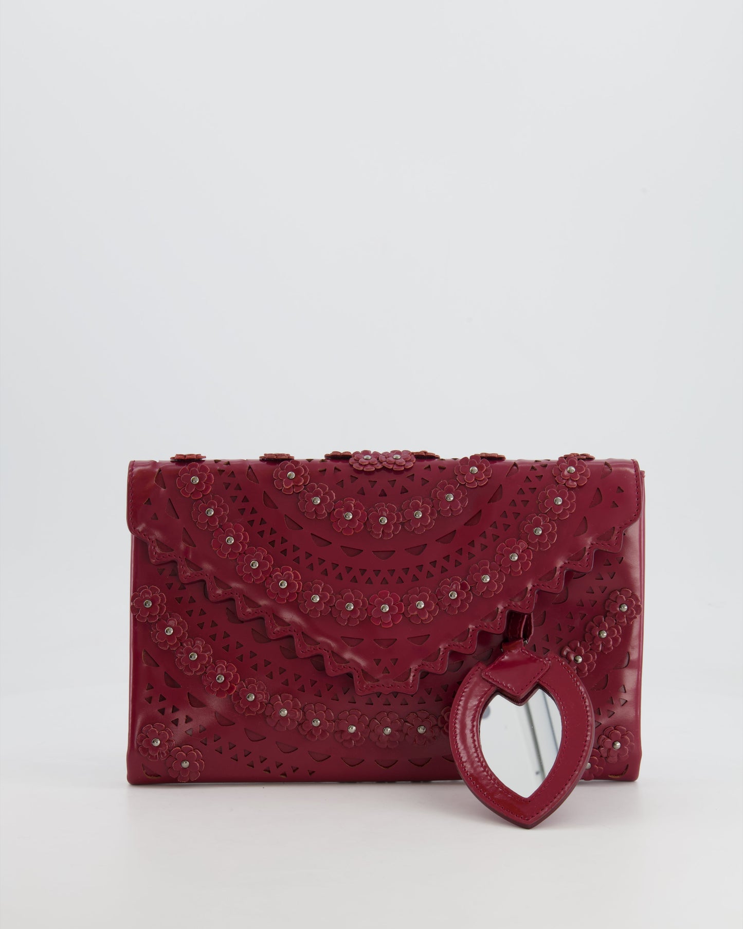 Alaïa Burgundy Patent Leather Floral Oum Clutch Bag with Silver Hardware RRP £2,200
