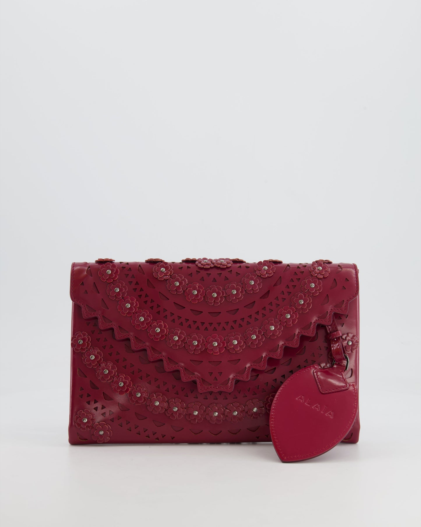 Alaïa Burgundy Patent Leather Floral Oum Clutch Bag with Silver Hardware RRP £2,200