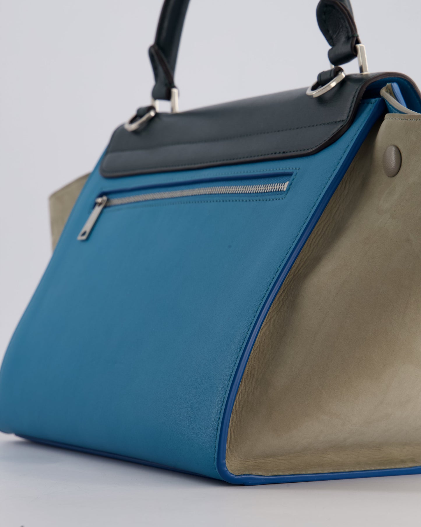 Celine Green, Blue Calfskin & Grey Suede Medium Trapeze Bag with Silver Hardware