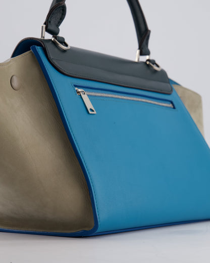Celine Green, Blue Calfskin & Grey Suede Medium Trapeze Bag with Silver Hardware