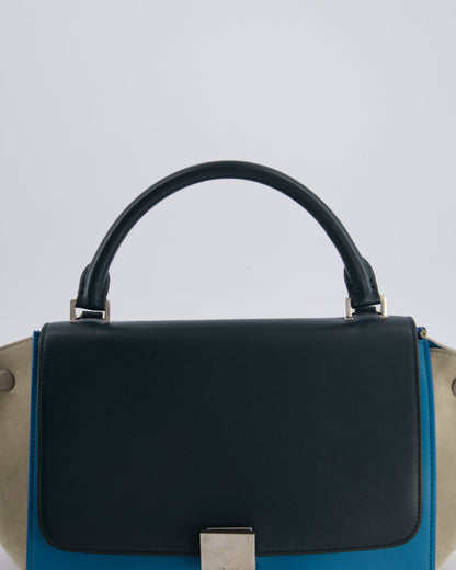 Celine Green, Blue Calfskin & Grey Suede Medium Trapeze Bag with Silver Hardware