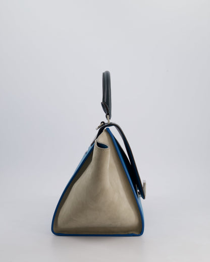 Celine Green, Blue Calfskin & Grey Suede Medium Trapeze Bag with Silver Hardware