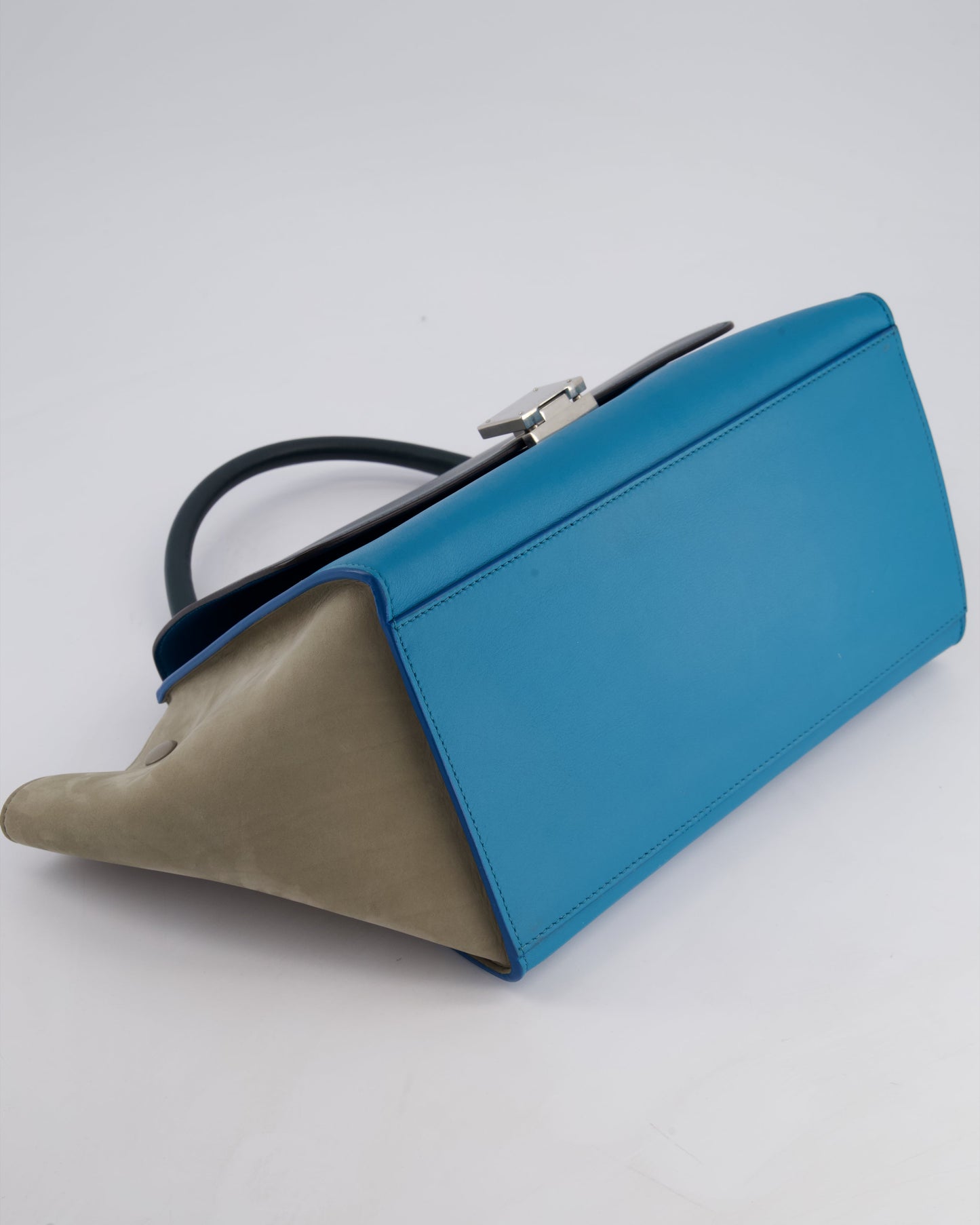 Celine Green, Blue Calfskin & Grey Suede Medium Trapeze Bag with Silver Hardware