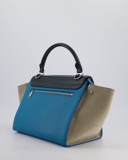 Celine Green, Blue Calfskin & Grey Suede Medium Trapeze Bag with Silver Hardware