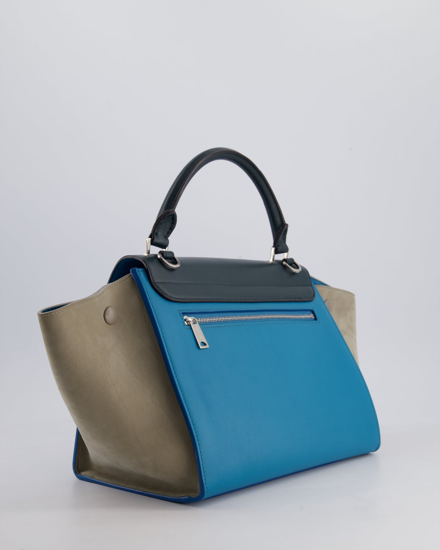 Celine Green, Blue Calfskin & Grey Suede Medium Trapeze Bag with Silver Hardware
