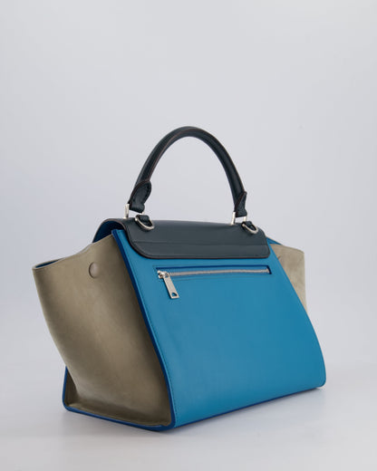 Celine Green, Blue Calfskin & Grey Suede Medium Trapeze Bag with Silver Hardware