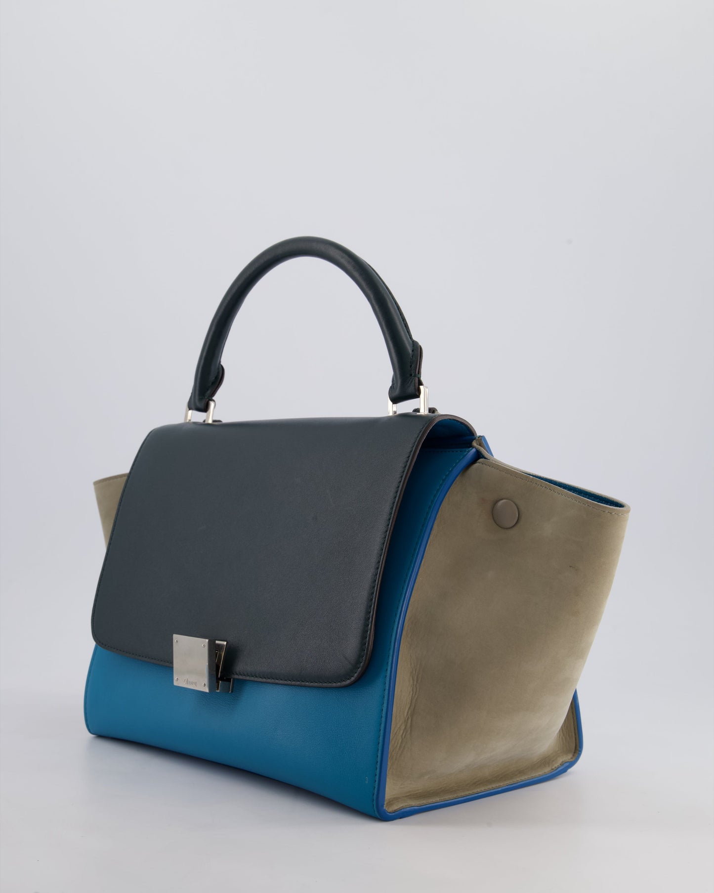 Celine Green, Blue Calfskin & Grey Suede Medium Trapeze Bag with Silver Hardware