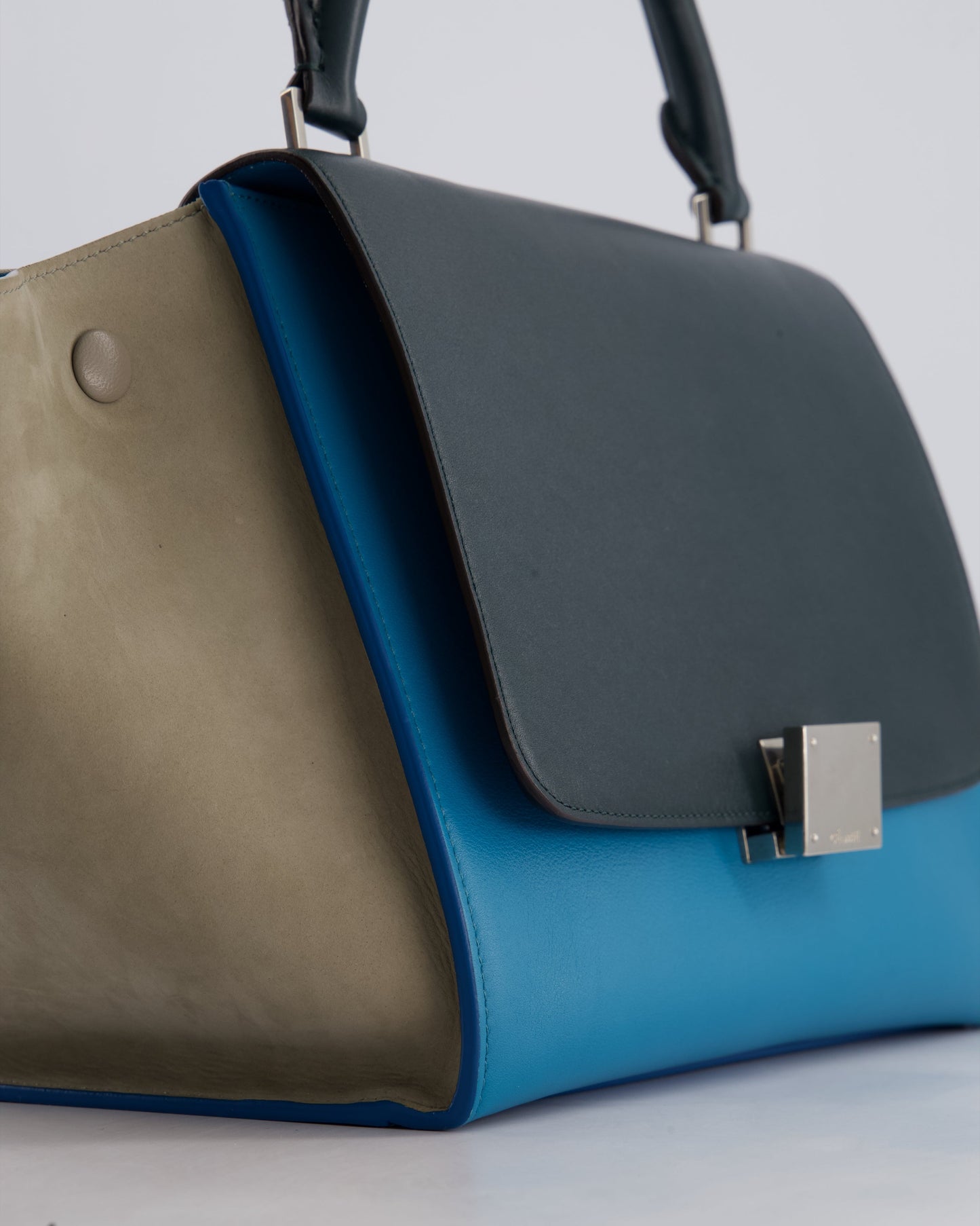 Celine Green, Blue Calfskin & Grey Suede Medium Trapeze Bag with Silver Hardware