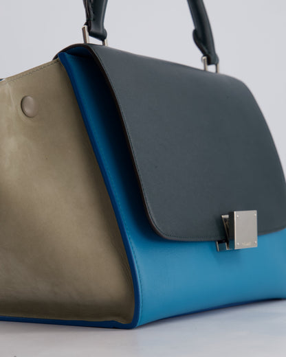 Celine Green, Blue Calfskin & Grey Suede Medium Trapeze Bag with Silver Hardware