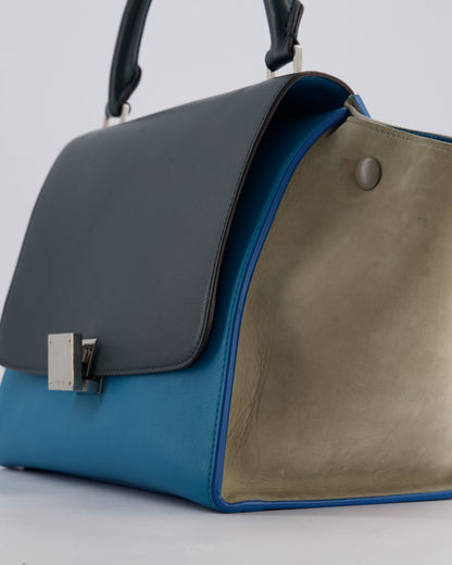 Celine Green, Blue Calfskin & Grey Suede Medium Trapeze Bag with Silver Hardware