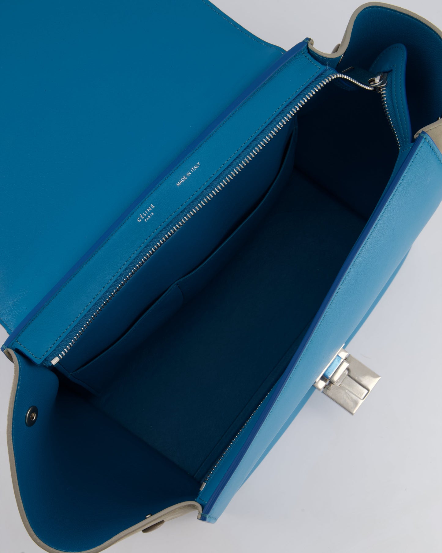 Celine Green, Blue Calfskin & Grey Suede Medium Trapeze Bag with Silver Hardware