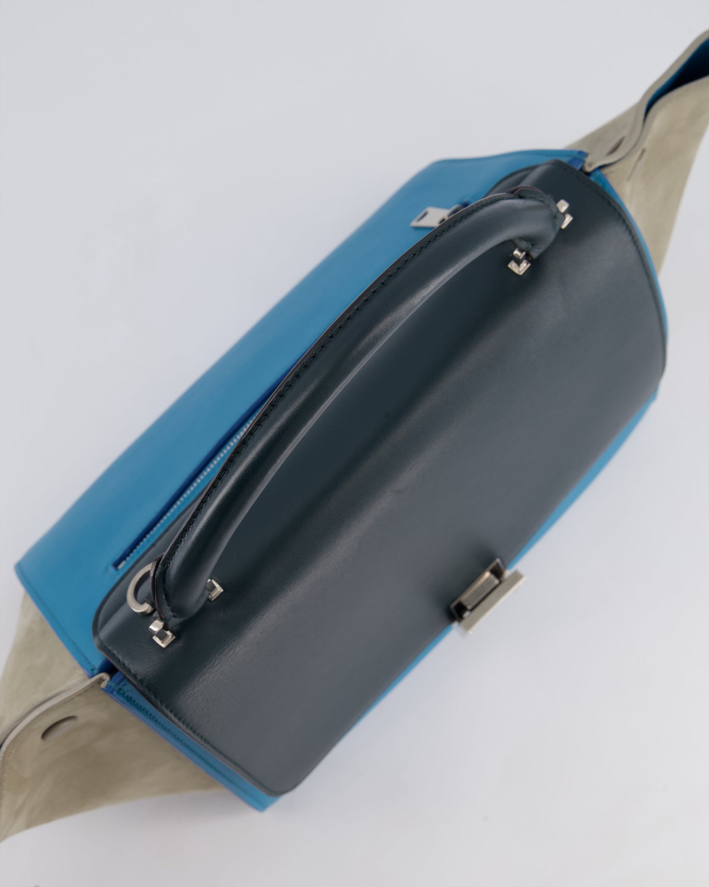 Celine Green, Blue Calfskin & Grey Suede Medium Trapeze Bag with Silver Hardware