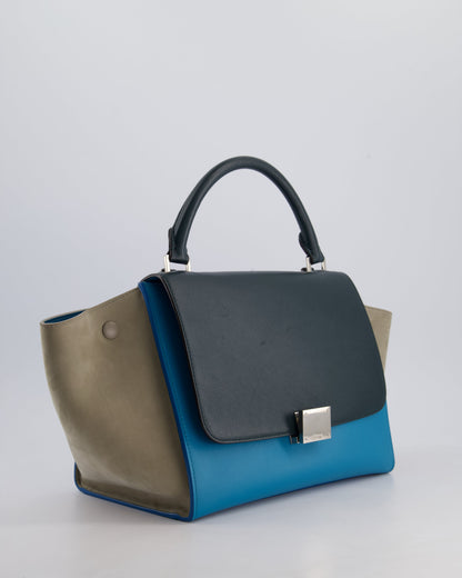 Celine Green, Blue Calfskin & Grey Suede Medium Trapeze Bag with Silver Hardware