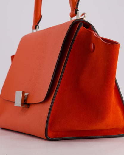 Celine Orange Calfskin & Suede Medium Trapeze Bag with Silver Hardware