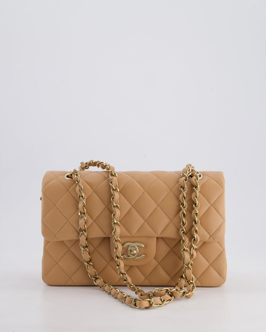 Chanel Beige Small Classic Double Flap Bag in Lambskin Leather with Champagne Gold Hardware
