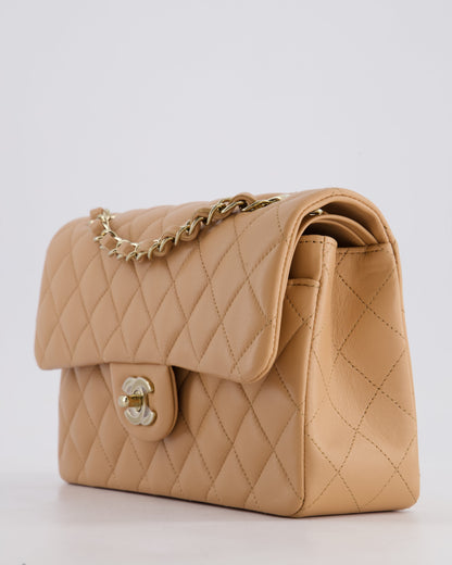 Chanel Beige Small Classic Double Flap Bag in Lambskin Leather with Champagne Gold Hardware
