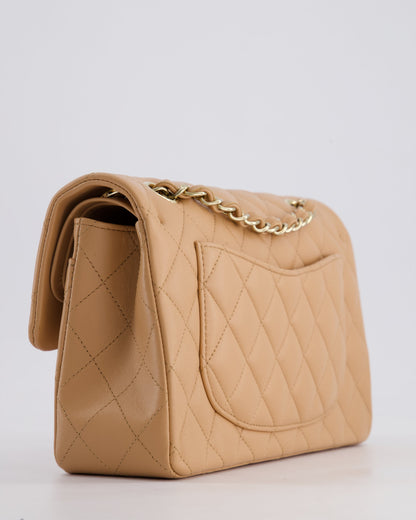Chanel Beige Small Classic Double Flap Bag in Lambskin Leather with Champagne Gold Hardware