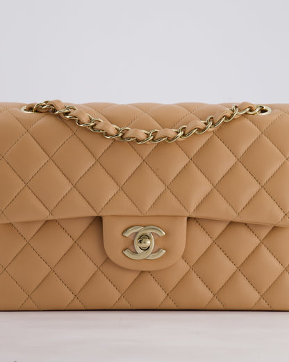 Chanel Beige Small Classic Double Flap Bag in Lambskin Leather with Champagne Gold Hardware
