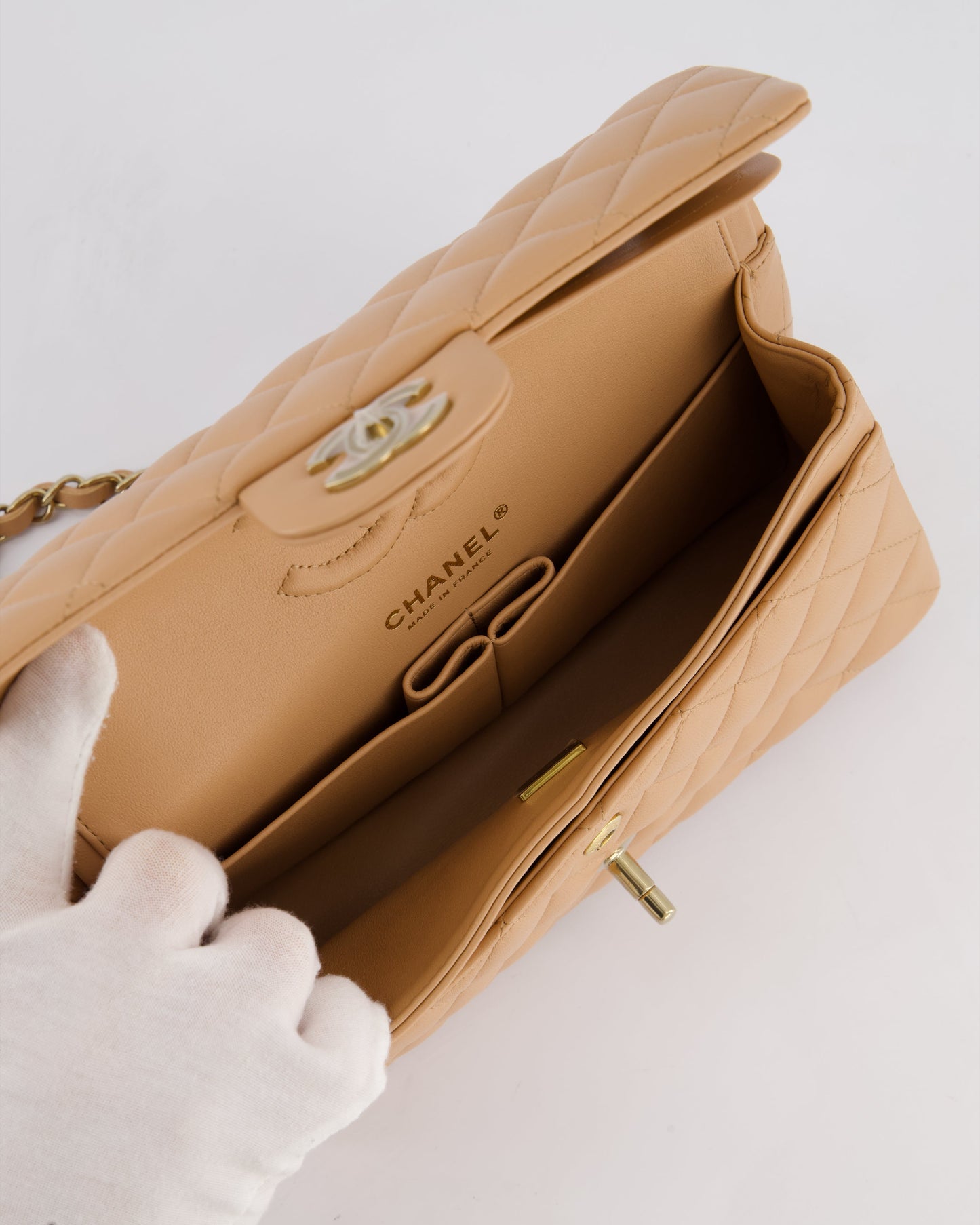 Chanel Beige Small Classic Double Flap Bag in Lambskin Leather with Champagne Gold Hardware