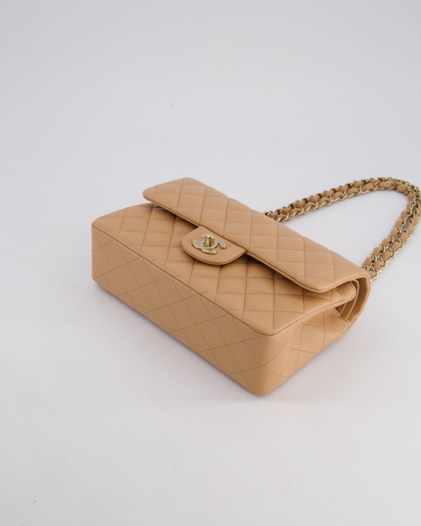 Chanel Beige Small Classic Double Flap Bag in Lambskin Leather with Champagne Gold Hardware