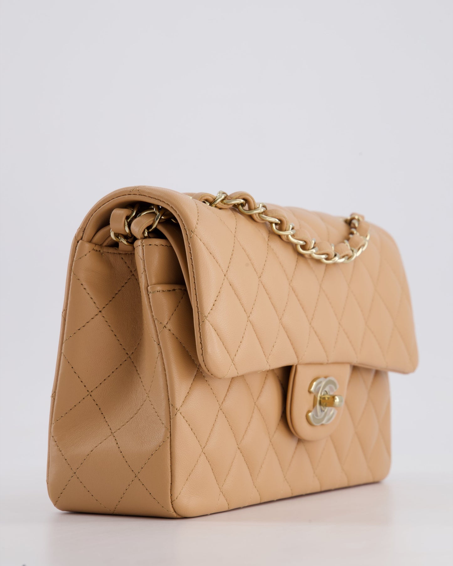 Chanel Beige Small Classic Double Flap Bag in Lambskin Leather with Champagne Gold Hardware