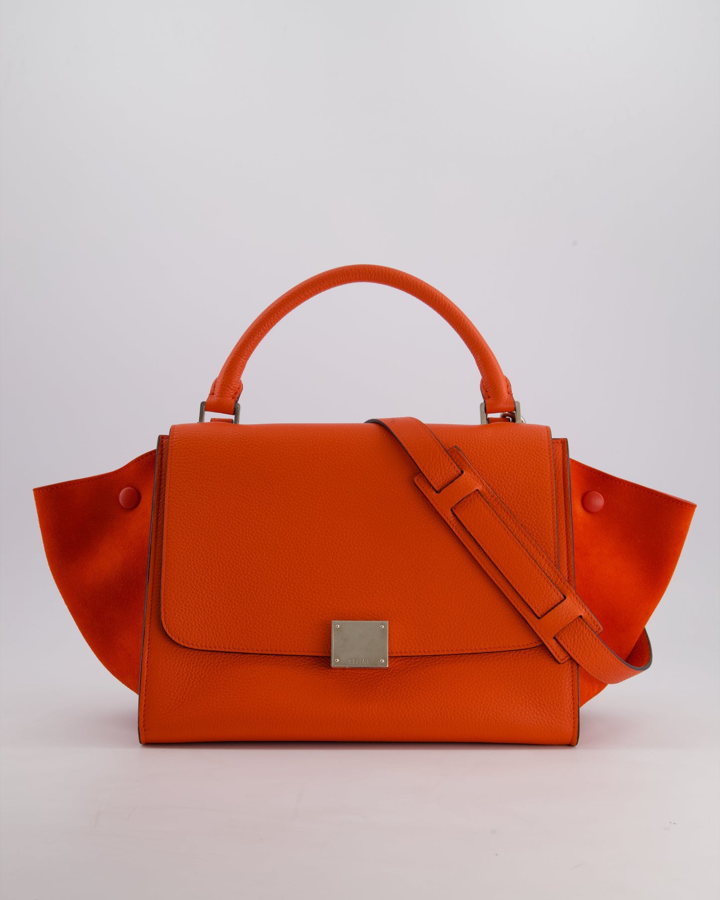Celine Orange Calfskin & Suede Medium Trapeze Bag with Silver Hardware