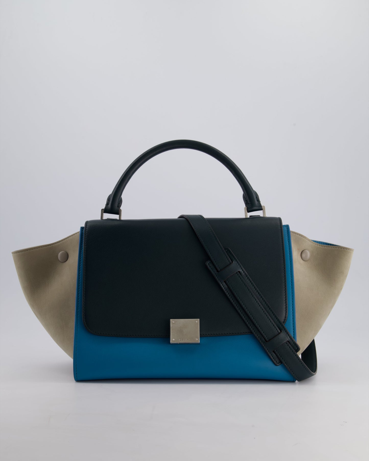 Celine Green, Blue Calfskin & Grey Suede Medium Trapeze Bag with Silver Hardware