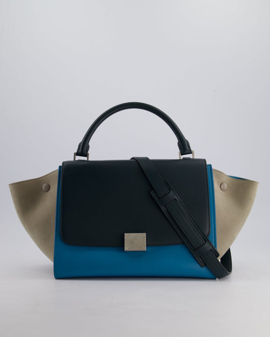 Celine Green, Blue Calfskin & Grey Suede Medium Trapeze Bag with Silver Hardware