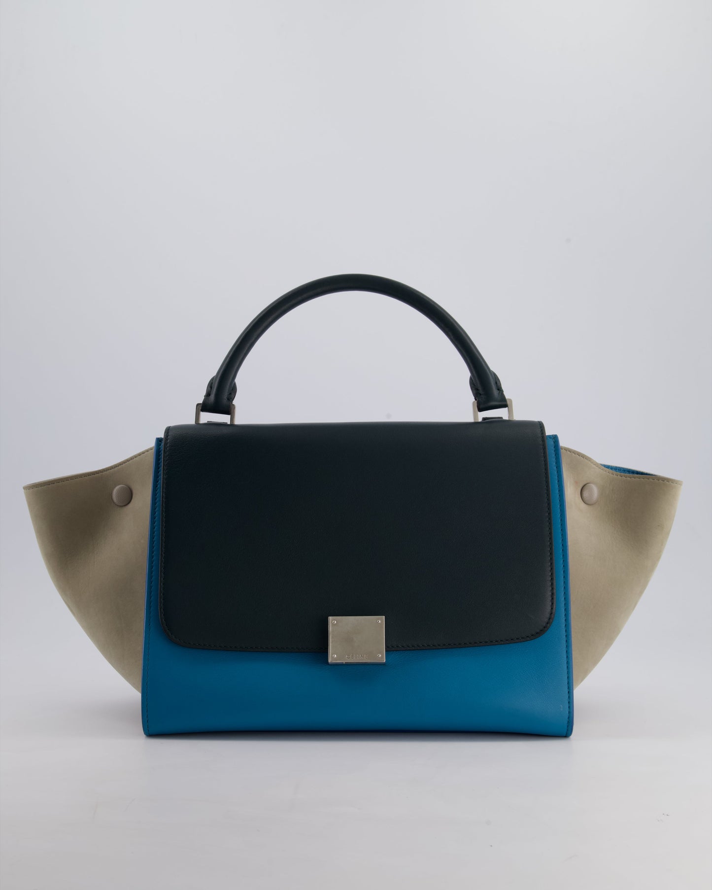 Celine Green, Blue Calfskin & Grey Suede Medium Trapeze Bag with Silver Hardware