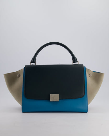 Celine Green, Blue Calfskin & Grey Suede Medium Trapeze Bag with Silver Hardware