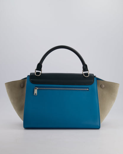 Celine Green, Blue Calfskin & Grey Suede Medium Trapeze Bag with Silver Hardware