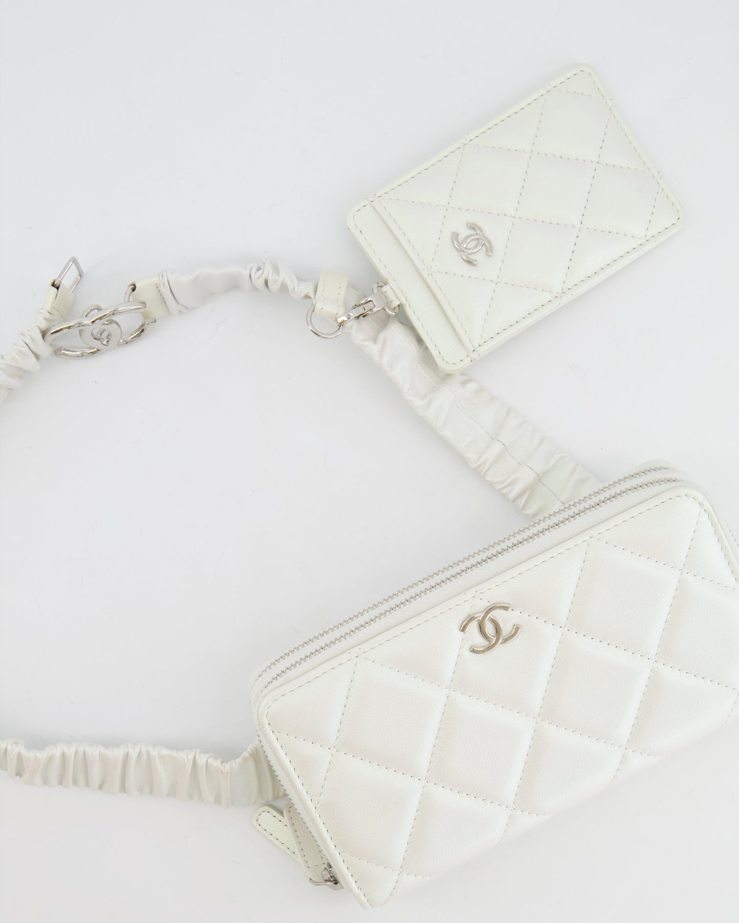 *HOT* Chanel Coco Neige White Pearlescent Lambskin Belt Bag with Silver Hardware