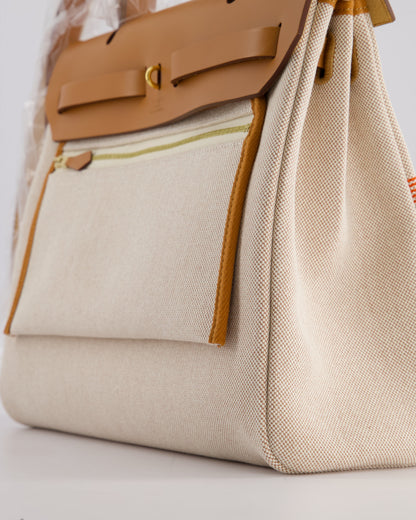 Hermès Herbag Zip Retourne 31 Chaine D'Ancre Bag in Orange Mécano & Ecru Quadrille Toille Canvas, Natural Hunter Leather with Gold Hardware