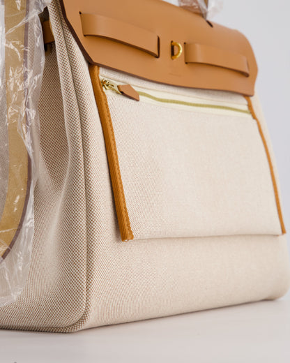 Hermès Herbag Zip Retourne 31 Chaine D'Ancre Bag in Orange Mécano & Ecru Quadrille Toille Canvas, Natural Hunter Leather with Gold Hardware